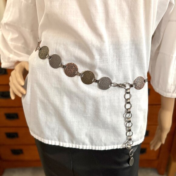 Vintage Hammered Metal Disc Chain Belt Adjustable Length Bronze & Silver Tones - Picture 1 of 11